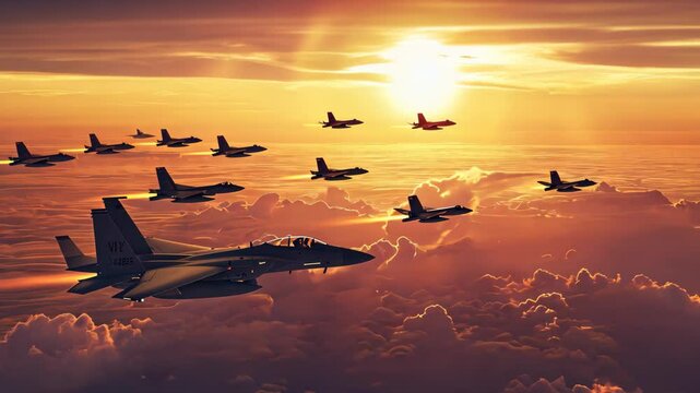A formation of fighter jets soars through a cloudy sky, demonstrating precision and power, A squadron of fighter aircraft in a sunset sky