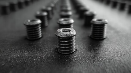 Industrial action close-up of metal bolts workshop setting macro photography detailed texture focused perspective