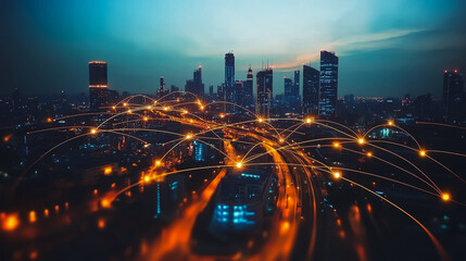 Obraz premium Smart digital Innovation city with connection network reciprocity over the cityscape. of future smart wireless digital city and social media networking systems that connects people with in city