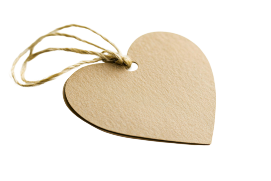 Beige Heart Tag with String Isolated on PNG Transparent Background