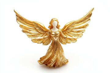 Golden angel figurine with intricate design and majestic wings displayed on a white background