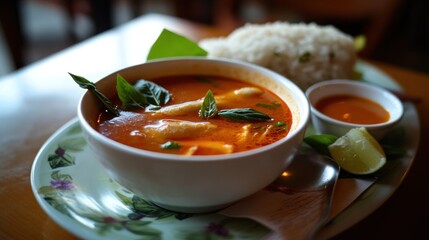 Spicy Thai red curry in a bowl with rice and lime.