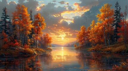 Scenic lake at sunset with autumn foliage reflecting on calm water and glowing golden skies.