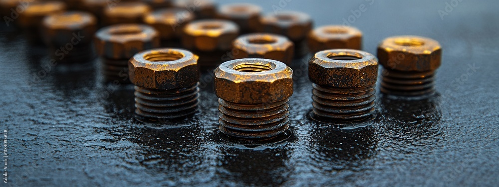 Poster industrial action close-up of rusty nuts and bolts on wet surface workshop environment macro viewpoi