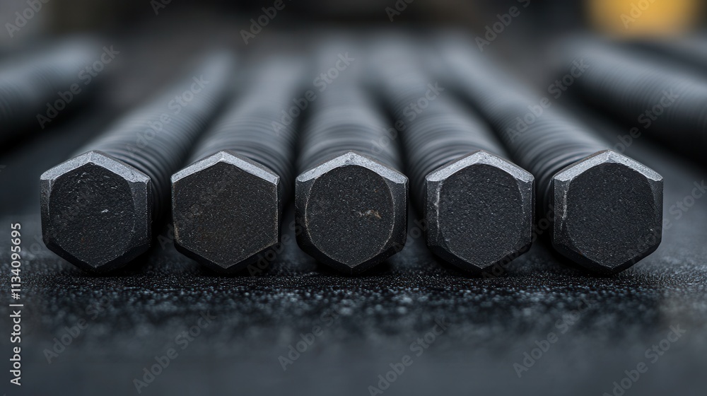 Poster industrial action close-up of hexagonal bolts in workshop metal environment focused viewpoint on har