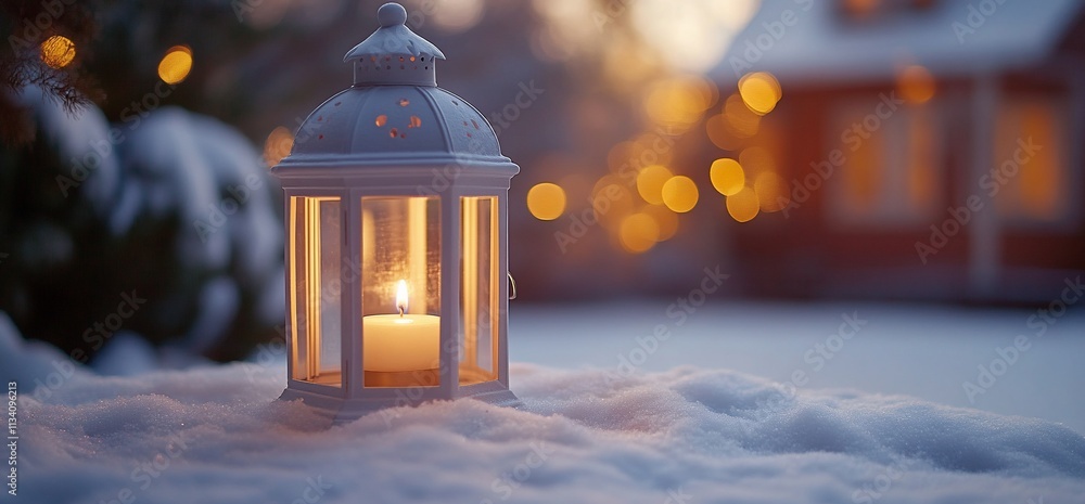 Poster a lantern with a candle glows softly in a snowy landscape at dusk.