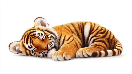 Fototapeta premium A highly detailed, photorealistic illustration of a sleeping tiger cub, golden-orange fur with dark brown stripes