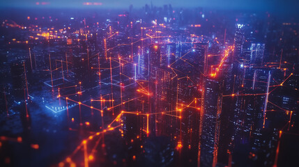 Obraz premium Smart digital Innovation city with connection network reciprocity over the cityscape. of future smart wireless digital city and social media networking systems that connects people with in city