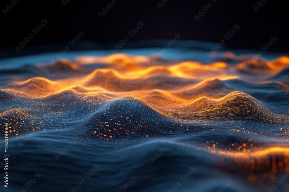 Poster abstract representation of digital waves with glowing particles in a dark environment, showcasing vi