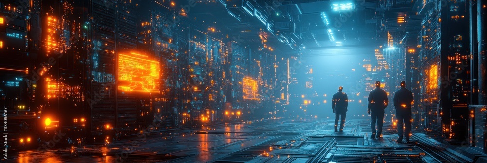 Poster a futuristic corridor with glowing panels and figures exploring a high-tech environment.