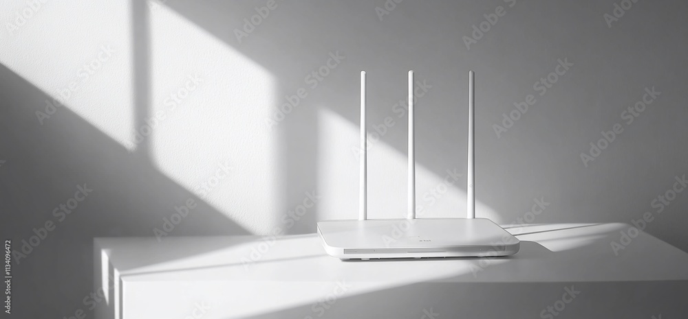 Aufkleber a minimalist white router with three antennas on a sleek surface.