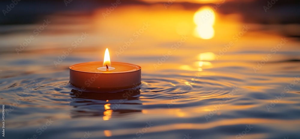 Poster a lit candle floating on water during sunset, creating a serene atmosphere.