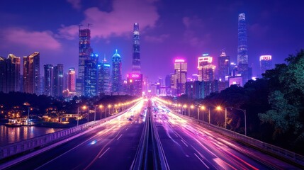 Fototapeta premium Vibrant cityscape at night with illuminated skyscrapers and busy traffic.