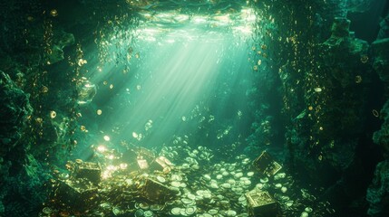 Obraz premium Enchanted Mermaids: Surreal Underwater Treasure Scene with Glitch Effects