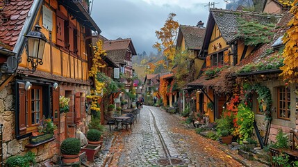 Fototapeta premium Rustic stone houses along a scenic cobblestone path with colorful flowers and warm light.