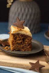 Chunky rich slice of cake with crumbs