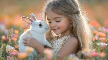 A young girl gently holds a rabbit in a colorful flower field, radiating joy and innocence.