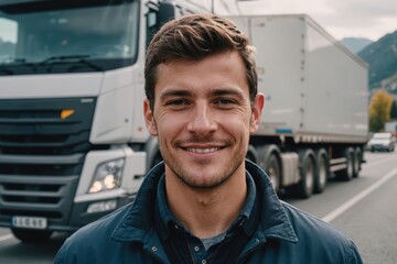 Close portrait of a smiling young Andorran male truckdriver looking at the camera, against Andorran blurred truck background