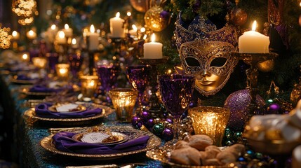 A festive table setting for a celebration, adorned with candles, a mask, and elegant decor.