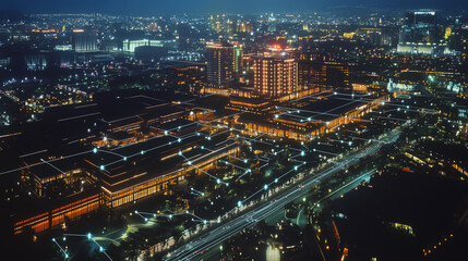 Obraz premium Smart digital Innovation city with connection network reciprocity over the cityscape. of future smart wireless digital city and social media networking systems that connects people with in city