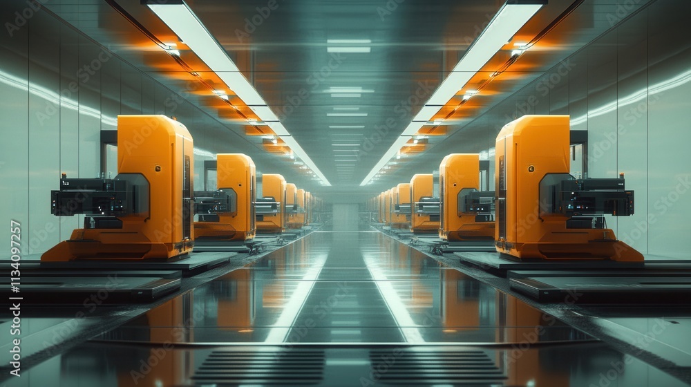 Poster automated manufacturing process high-tech factory digital imagery futuristic environment perspective