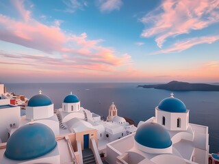 Aegean Sea with Santorini's whitewashed building, and blue domes at sunset, travel destination