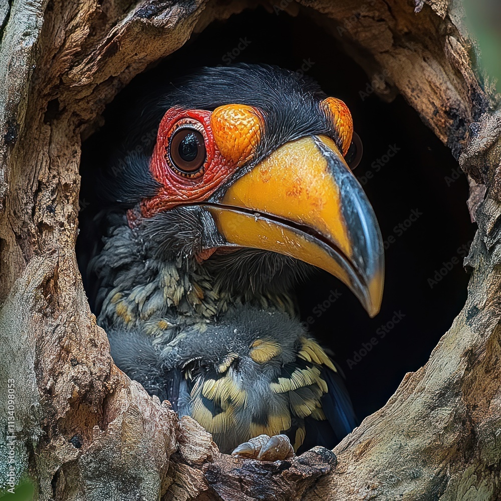 Poster a colorful bird with a large beak peers from a tree hollow.
