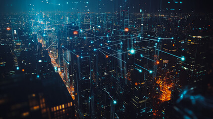 Obraz premium Smart digital Innovation city with connection network reciprocity over the cityscape. of future smart wireless digital city and social media networking systems that connects people with in city