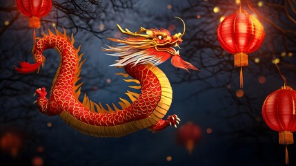 Fototapeta premium 2025 Chinese New Year Celebration with Traditional Red Lanterns, Golden Dragon Motifs, Festive Glowing Lights, and a Modern Futuristic Design Twist in a Vibrant and Dynamic Composition