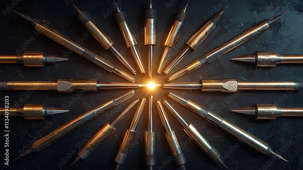 Poster precision engineering tools in focus workshop setting industrial photography high-tech environment c
