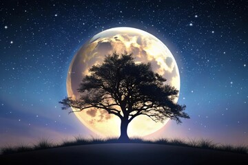 Silhouette Of Tree Over A Moon On A Dark Night Sky