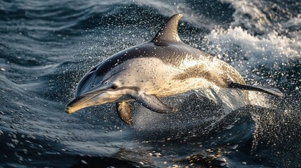 Obraz premium Stunning Capture of a Dolphin Leaping Gracefully Through Ocean Waves at Sunset