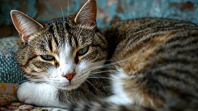 Cozy Domestic Cat Resting on Colorful Quilted Blanket