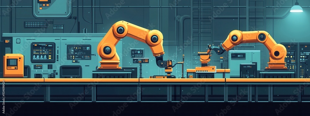 Poster industrial robots collaborating in a high-tech factory digital art modern environment dynamic perspe