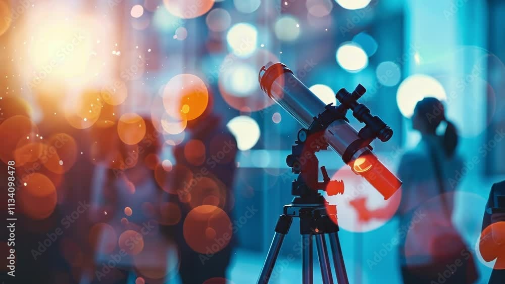 Poster blurry figures huddled around a telescope searching for celestial objects.