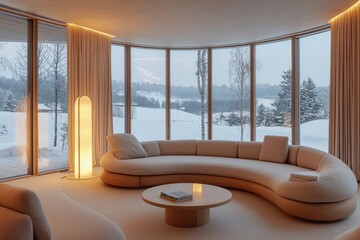 Inviting living room with rounded furniture, wood tones, and a winter landscape outside.