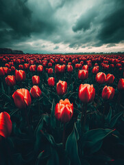 A dramatic field of vibrant red tulips under a moody sky.