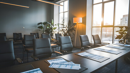 Empty meeting room with scattered budget papers and vacant chairs, symbolizing the aftermath of intense decision-making and strategic planning sessions.