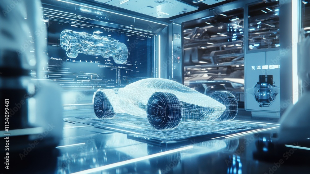 Poster futuristic concept of a transparent sports car in a high-tech garage with digital interfaces and adv