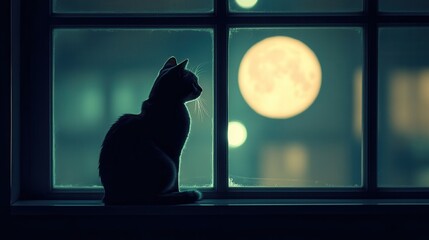 Cat silhouetted against full moon from window nighttime scene digital art cozy atmosphere serene view imagination