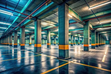 Obraz premium Empty urban garage: concrete pillars rise in stark architectural silence.