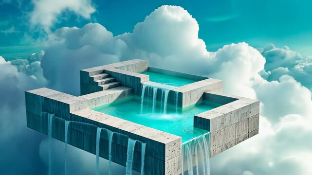 This surreal video captures an otherworldly scene of clouds and water floating in the sky, A surreal video of a 'data pool', representing storage, with both NAS and cloud diving into it