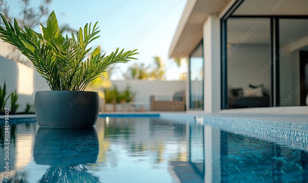 Poster a serene pool scene featuring a potted plant and modern architecture.