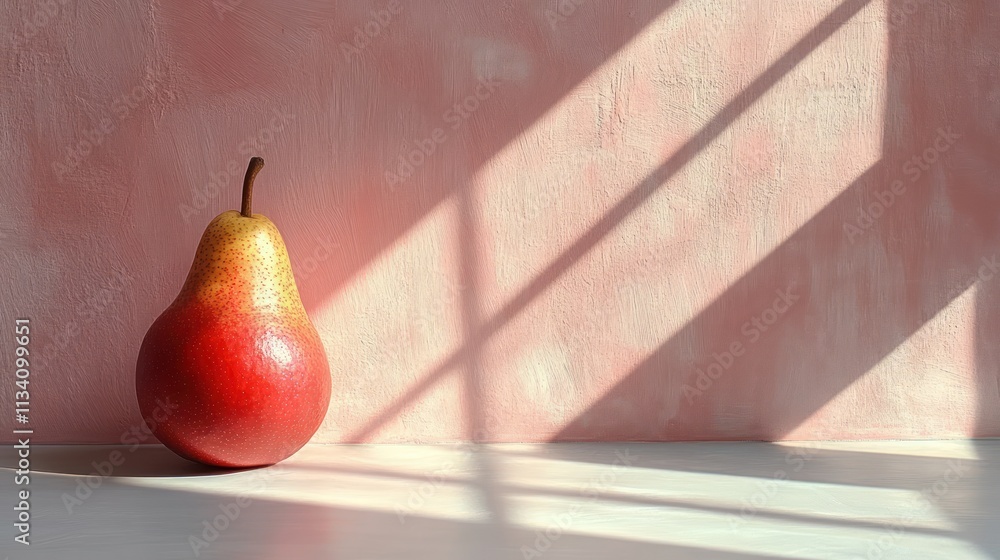 Poster a single pear resting on a surface, illuminated by soft light and casting shadows.