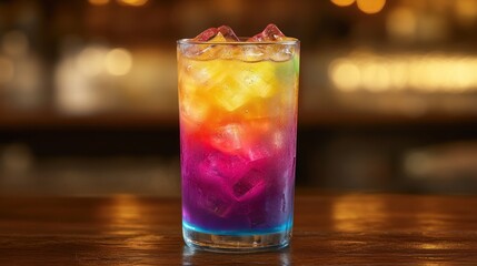 A vibrant layered drink with ice, showcasing a colorful gradient effect.