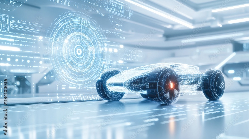 Poster futuristic concept car with digital interface and technology elements in modern auto design environm