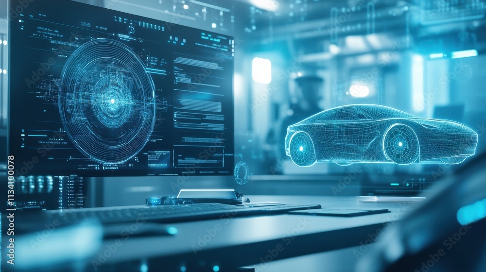 Poster innovative digital technology displaying a futuristic car design and data visualization in a high-te