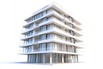 A modern multi-story building with balconies and large glass windows.