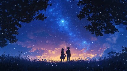 Fototapeta premium Romantic starlit encounter open field digital artwork nighttime silhouette view love and connection