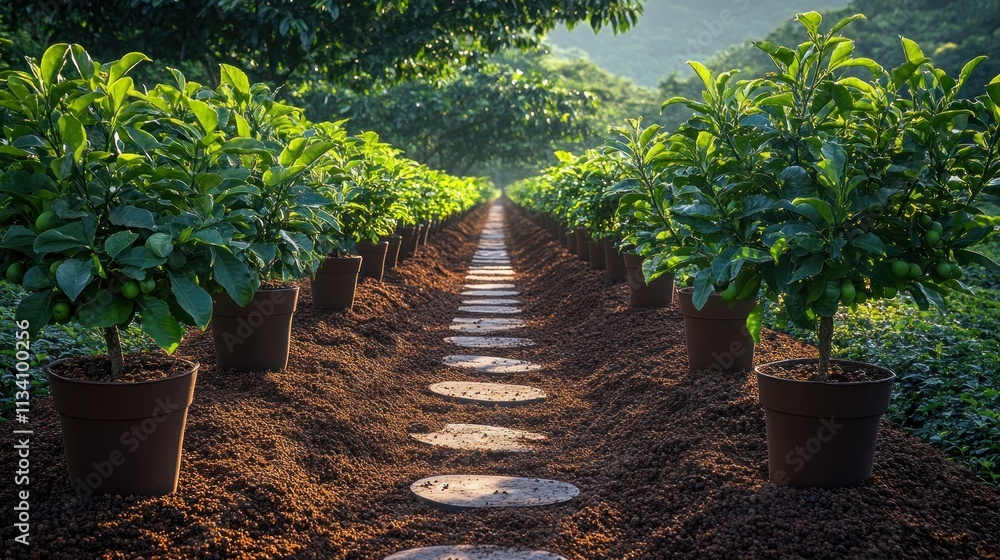 Poster sunlit path through rows of potted saplings in a lush garden.